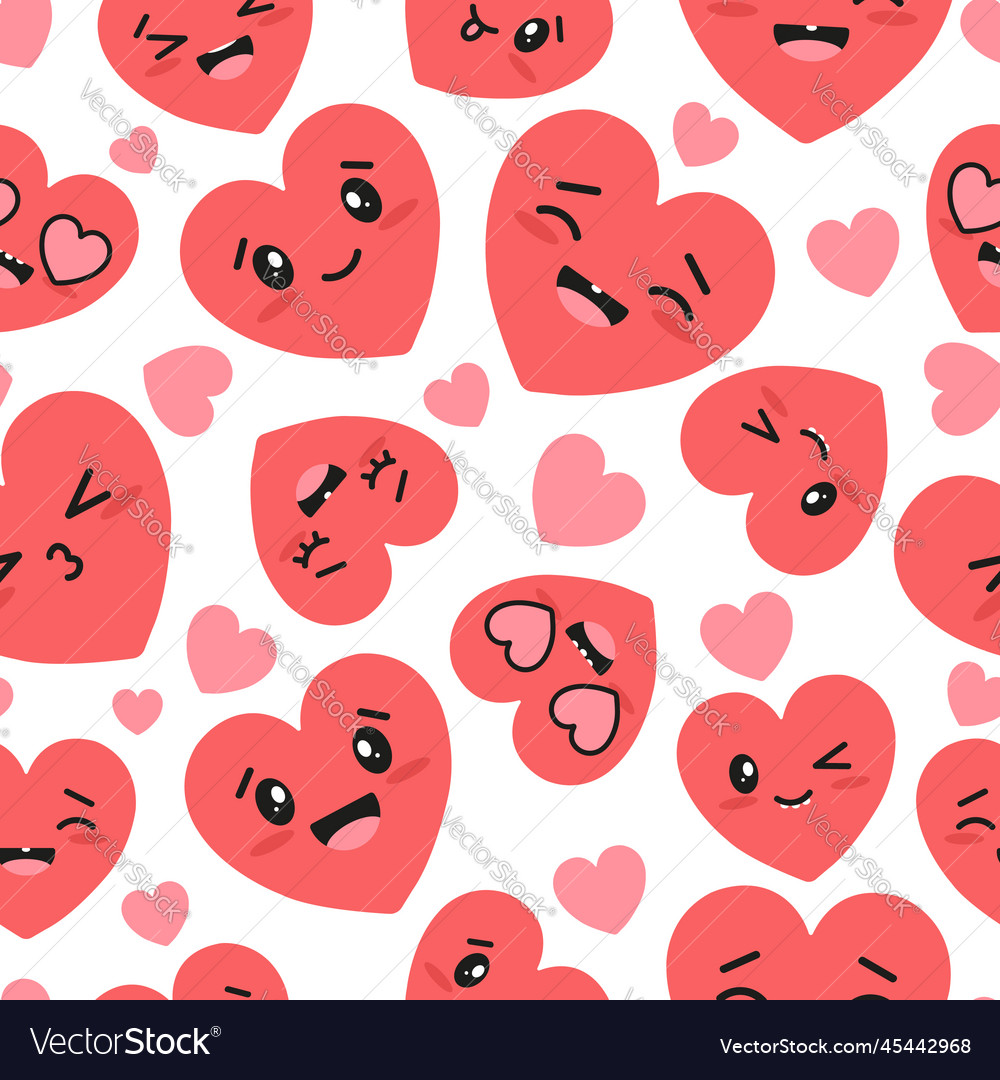 Red hearts kawaii seamless pattern