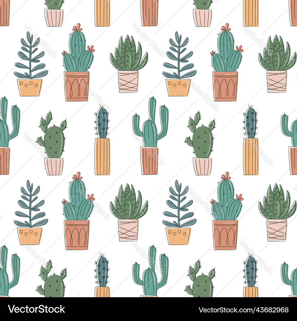 Seamless pattern with hand drawn cactus Royalty Free Vector
