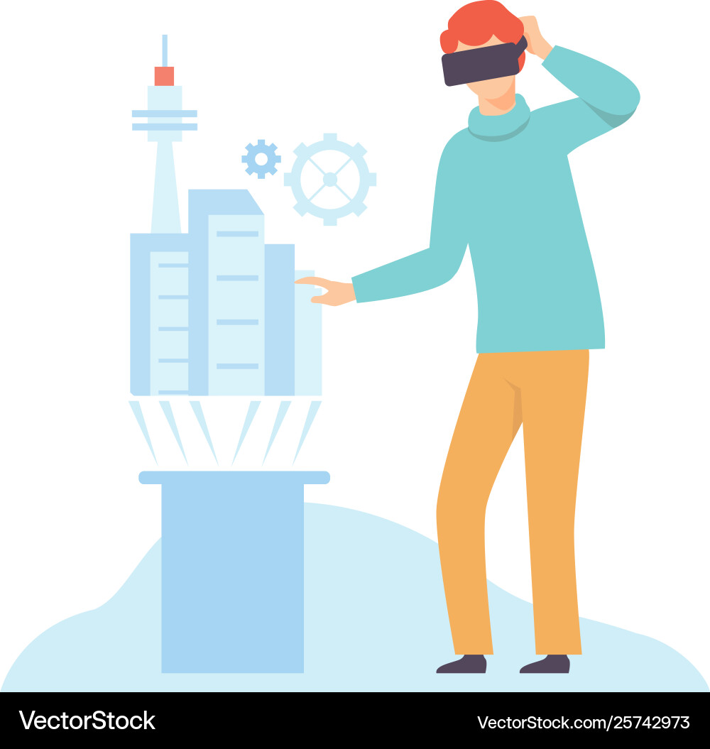 Man in vr glasses headset using touching virtual Vector Image