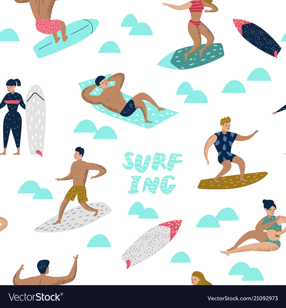 Seamless pattern with characters people surfing