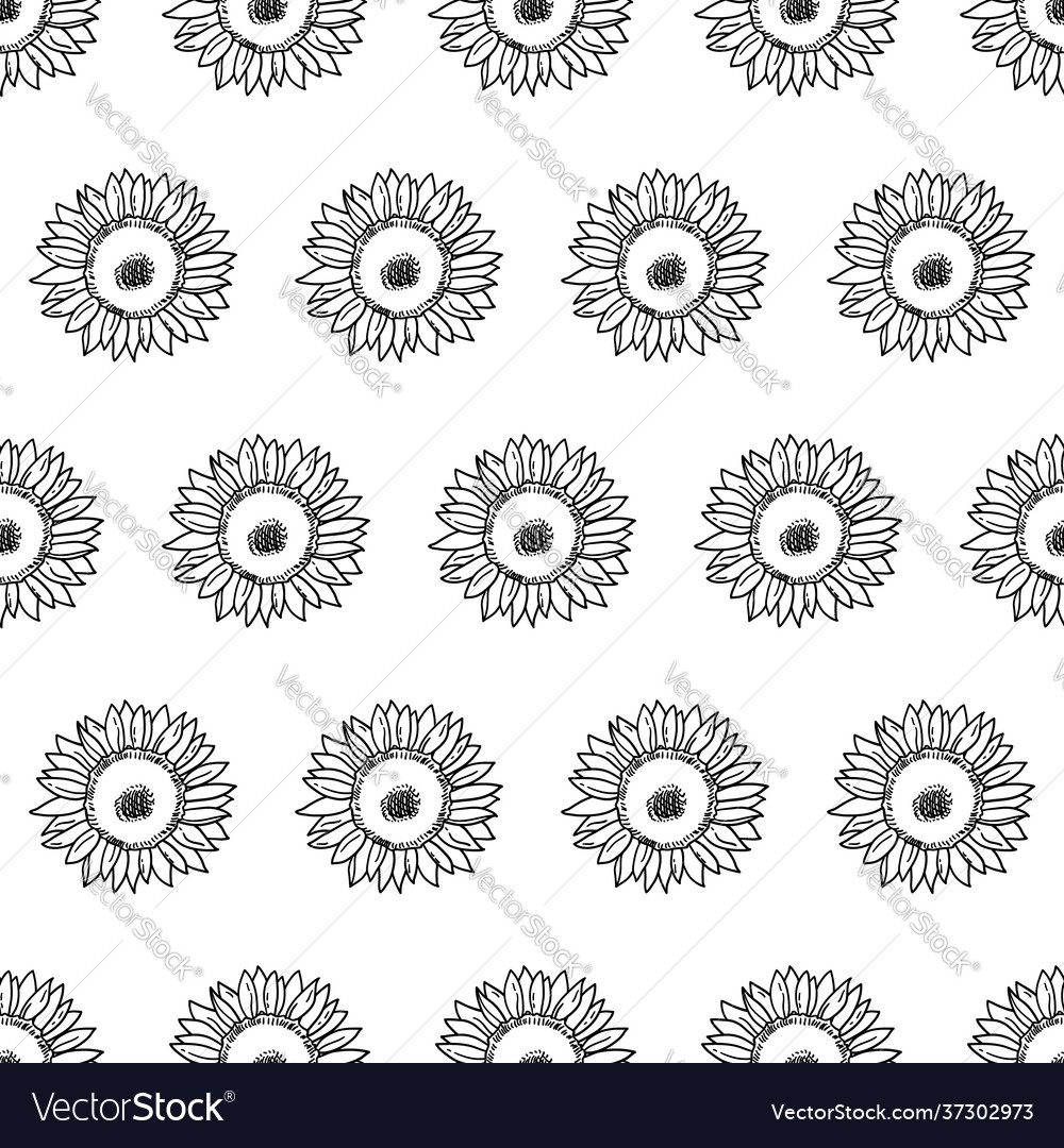 Seamless pattern with sunflowers black and white