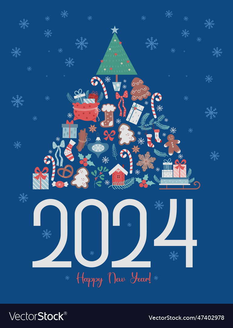 2024 happy new year greeting card christmas tree Vector Image