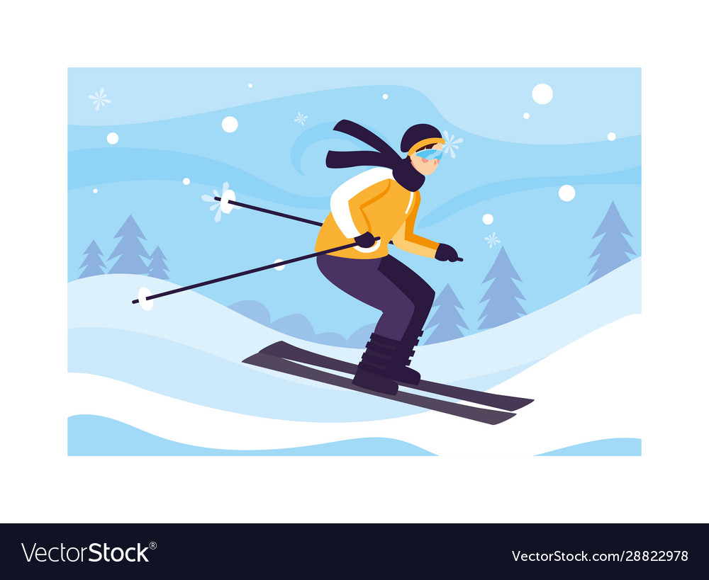 Man with mountain ski in landscape with snowfall Vector Image