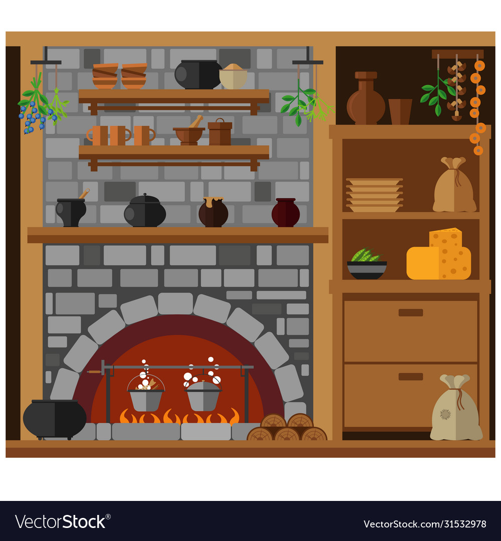 Old Kitchen With Stone Hearth Wardrobe And Vector Image