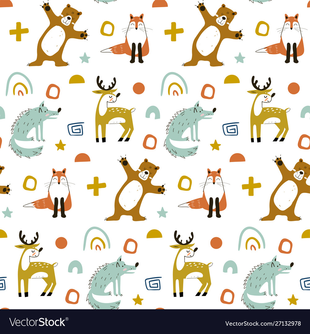Seamless woodland pattern with cute bear fox vector image Seamless woodland pattern with cute bear fox