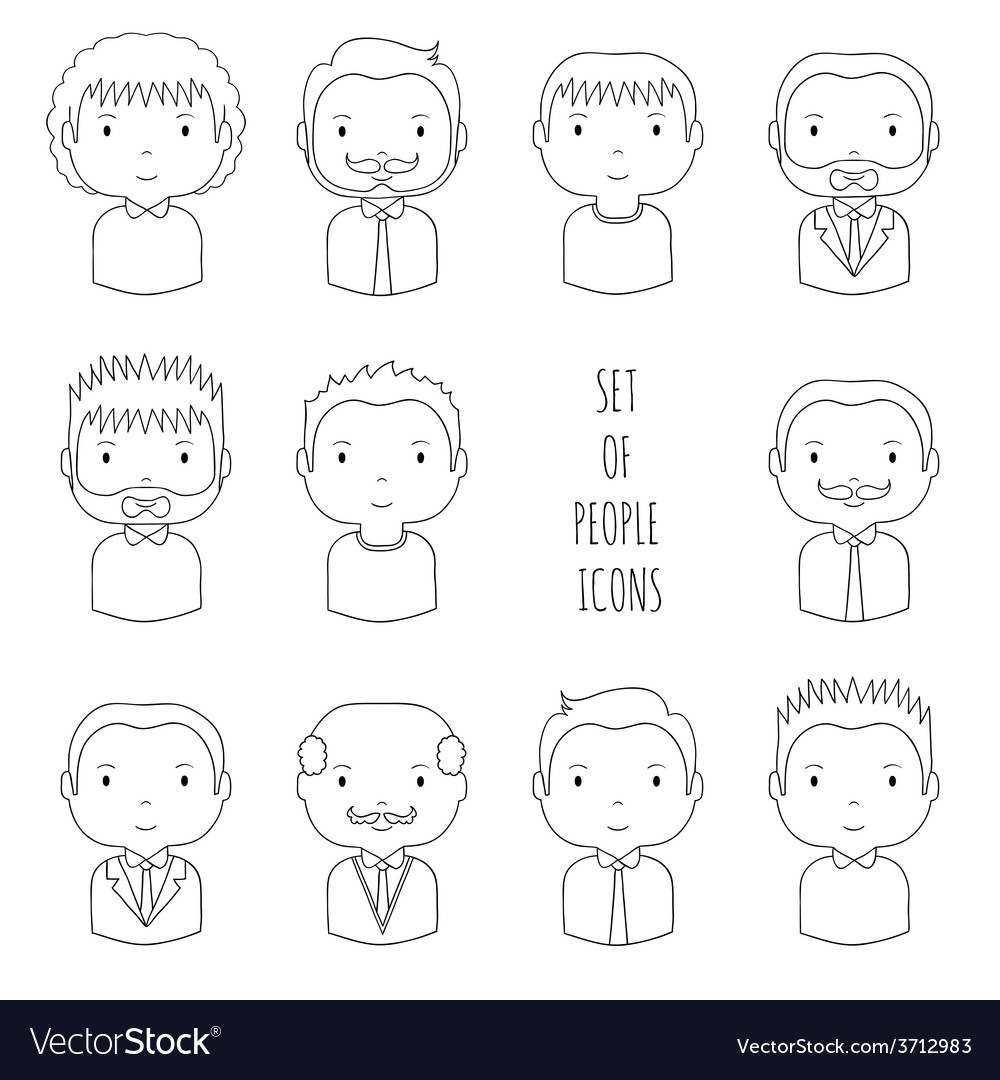 Set of line male faces icons funny cartoon hand