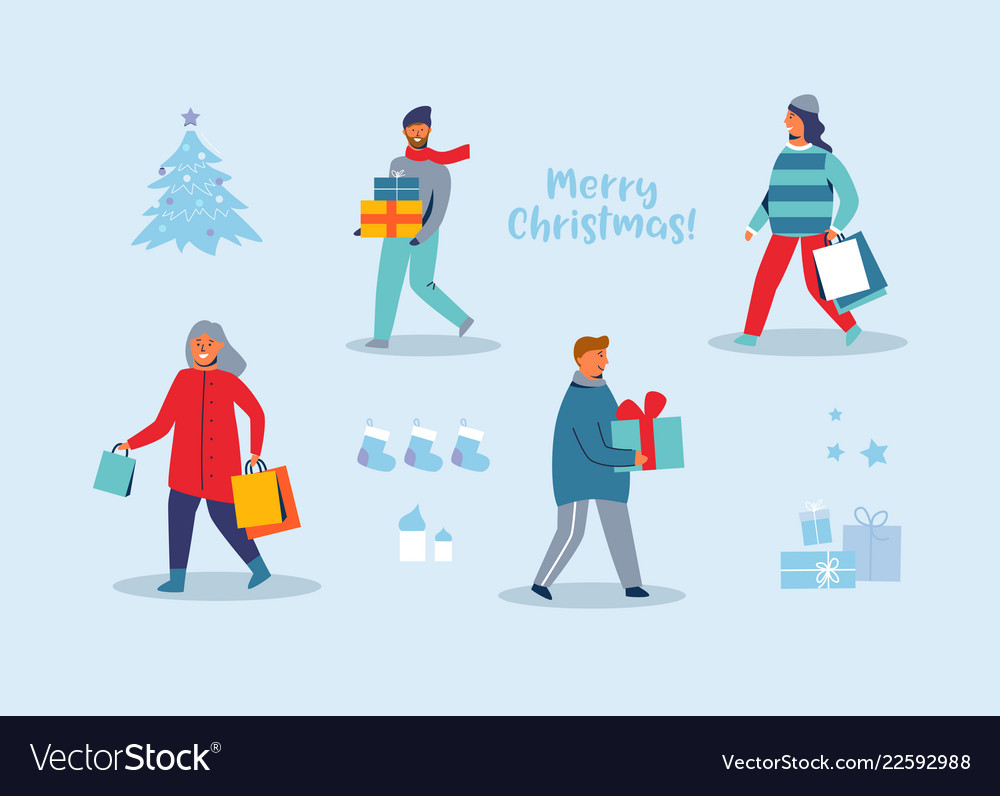 Happy characters shopping on winter holidays Vector Image