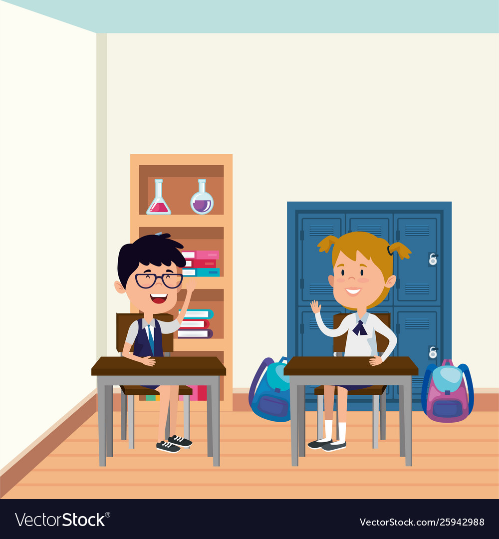 Little students couple in school scene