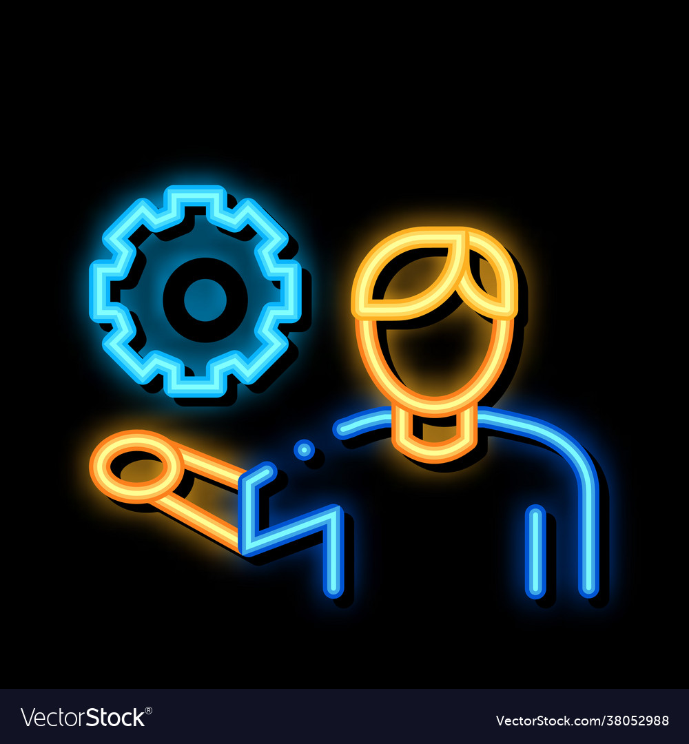 Man hold gear neon glow icon