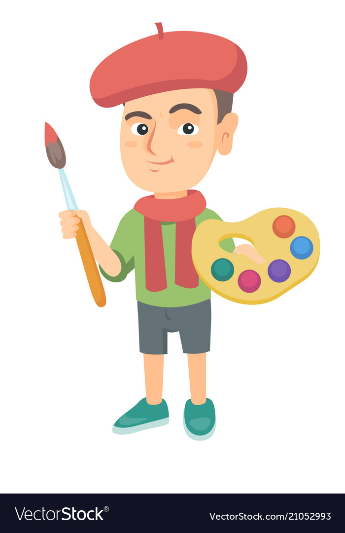 Boy dressed as an artist holding brush and paints Vector Image