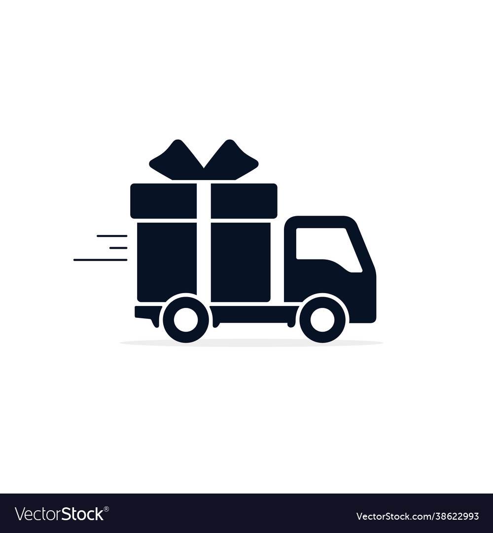 Delivery truck with gift box icon flat style