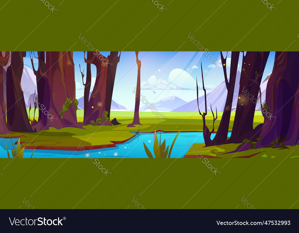 Mountain river flowing in forest sunny weather Vector Image