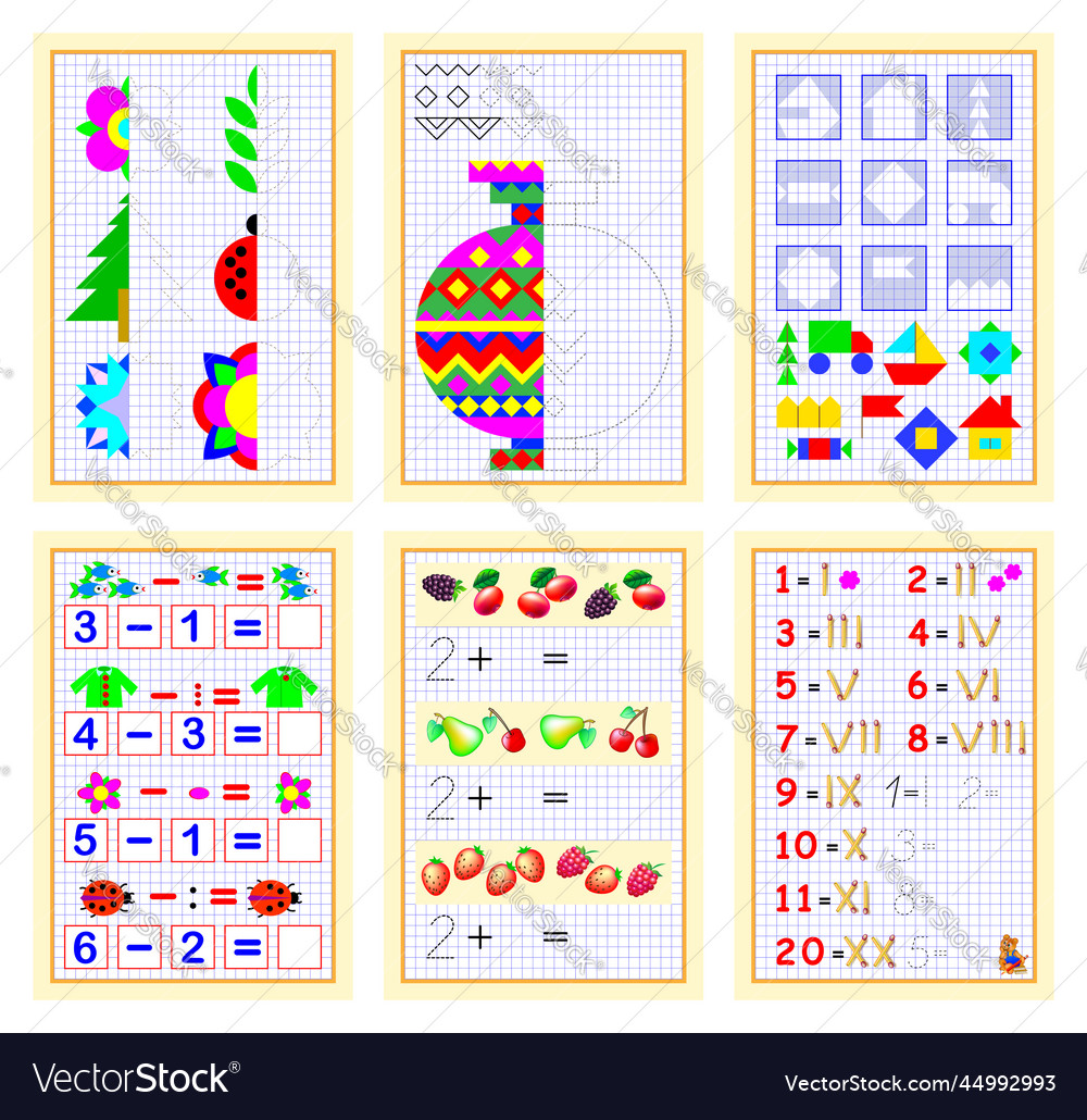 Set of educational pages on square paper