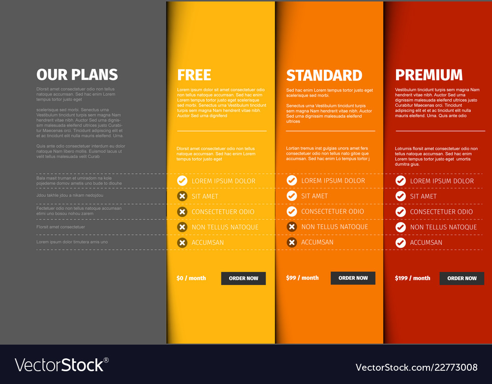 product service price comparison table royalty free vector