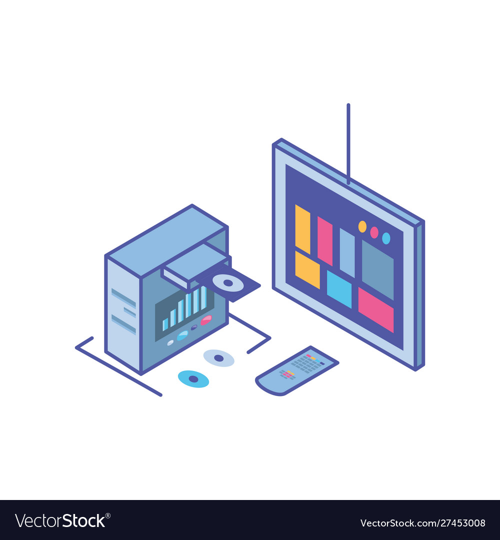 Tv screen with remote control and server equipment