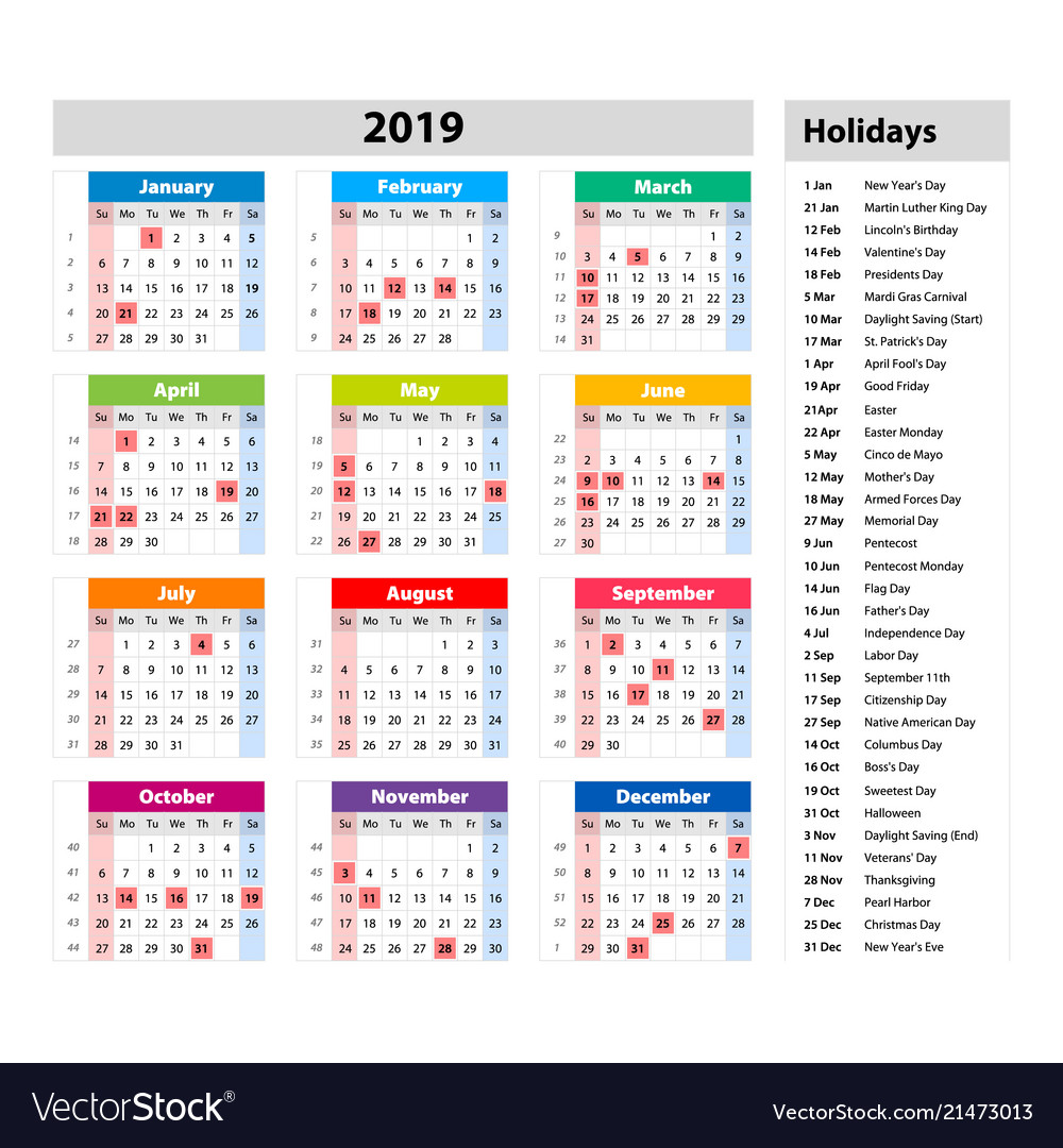  Public  holidays  for the usa calendar 2019  Vector Image