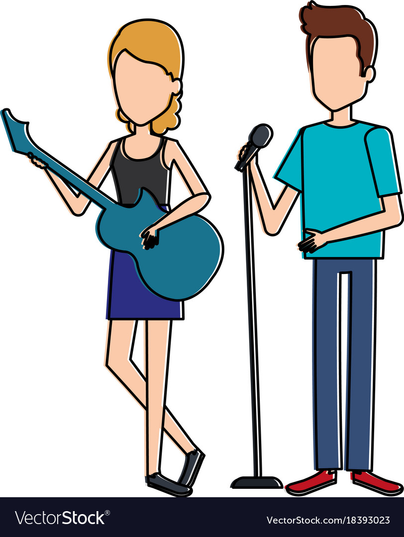 Couple singing with microphone and playing guitar