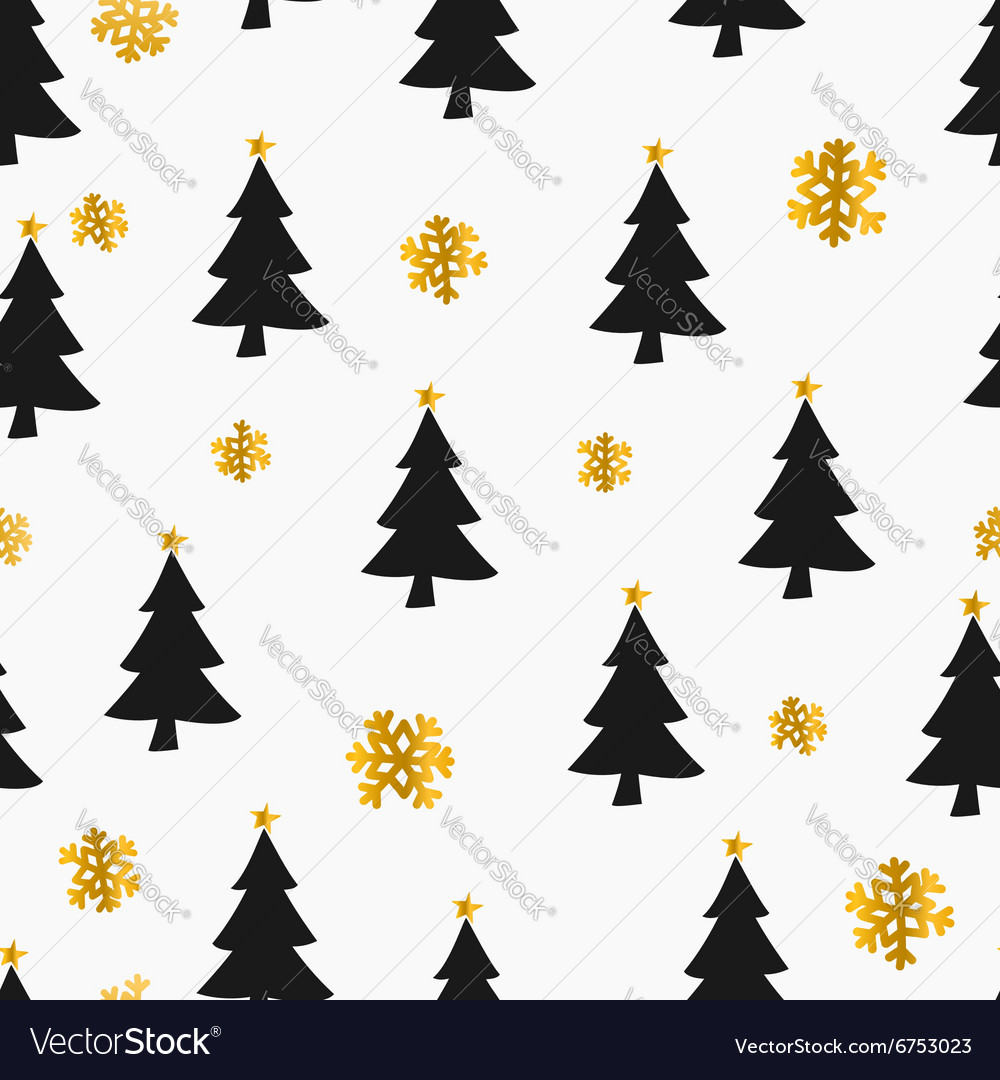 Gold Foil Snowflakes Black Christmas Trees Pattern Vector Image Gold Foil Snowflakes Black Christmas Trees Pattern Vector Image