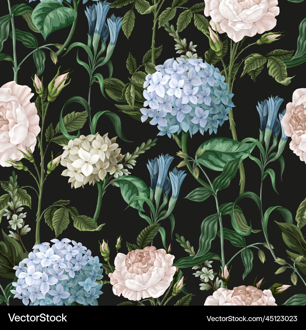 Seamless pattern with hydrangeas and roses Vector Image