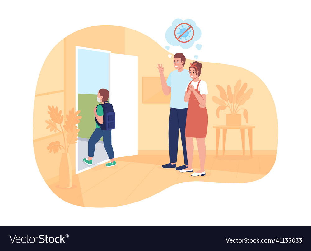 Happy parents see their son off to school 2d Vector Image