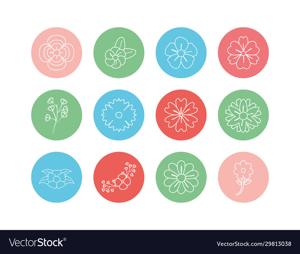 Flowers inside circles line block style icon set