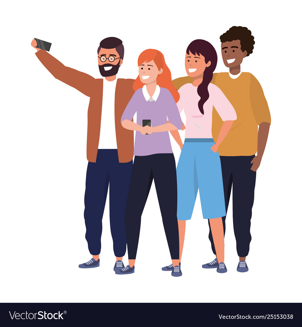 Millennial diverse group taking selfie Royalty Free Vector