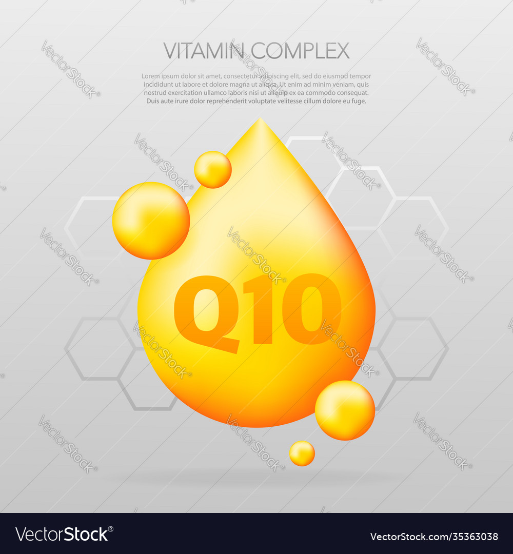 Vitamin-Komplex q10 mit realistischem Tropfen auf grau