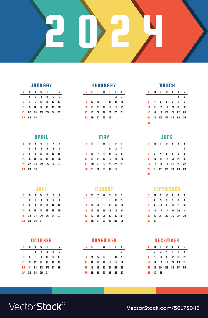 Colorful calendar 2024 template design Royalty Free Vector