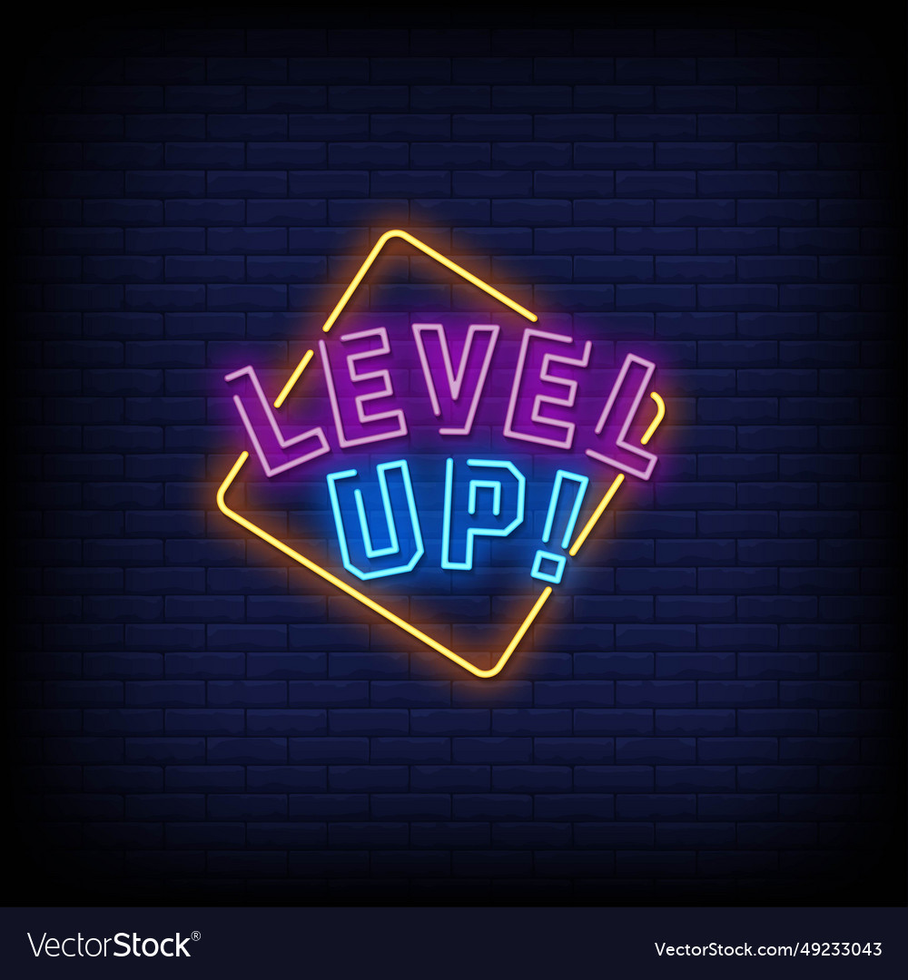 Neon sign level up with brick wall background vect