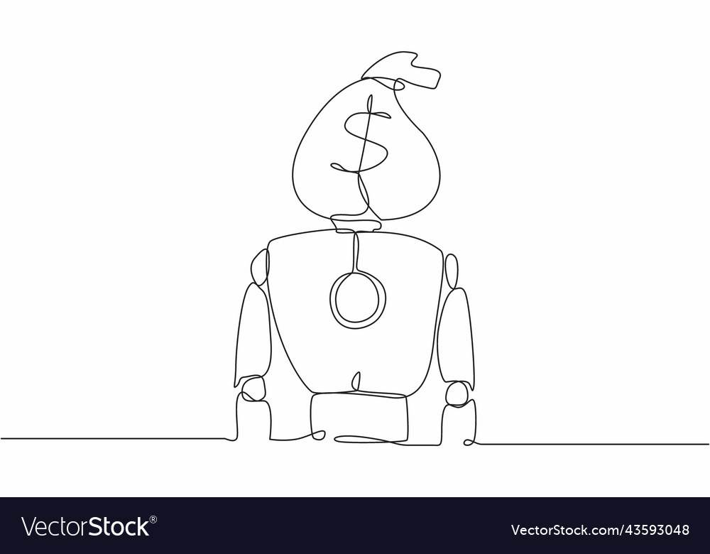 Single one line drawing robot with money bag