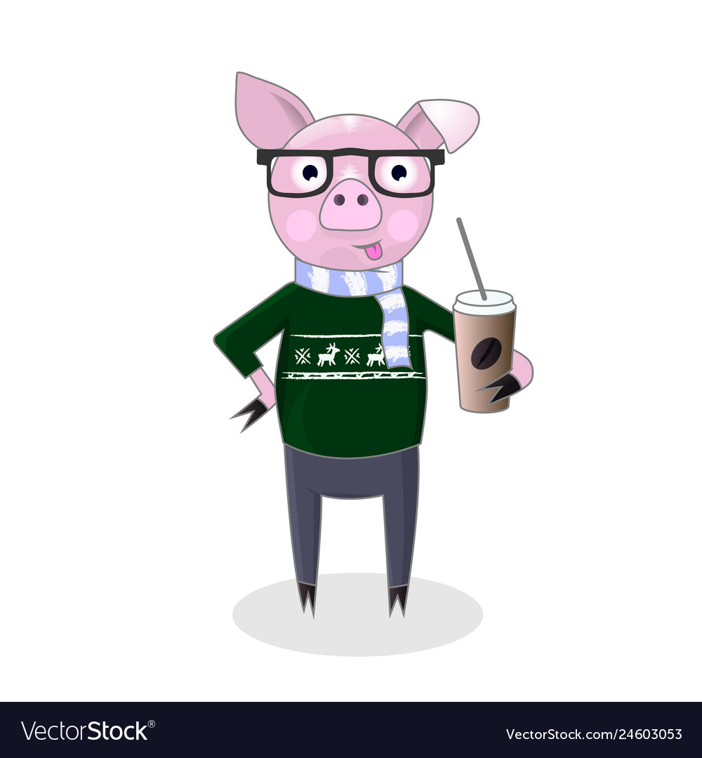 Cute happy pig character in a scarf green sweater