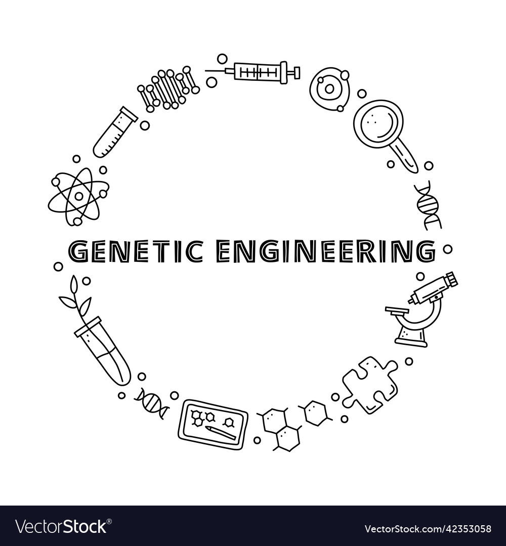 Doodle outline genetic engineering icons in circle