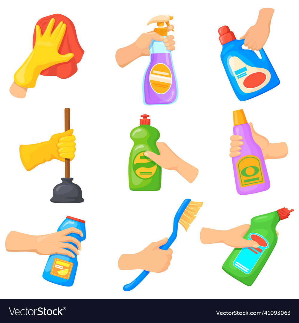 Detergent Tools In Hands Hand Hold Cleaning Vector Image