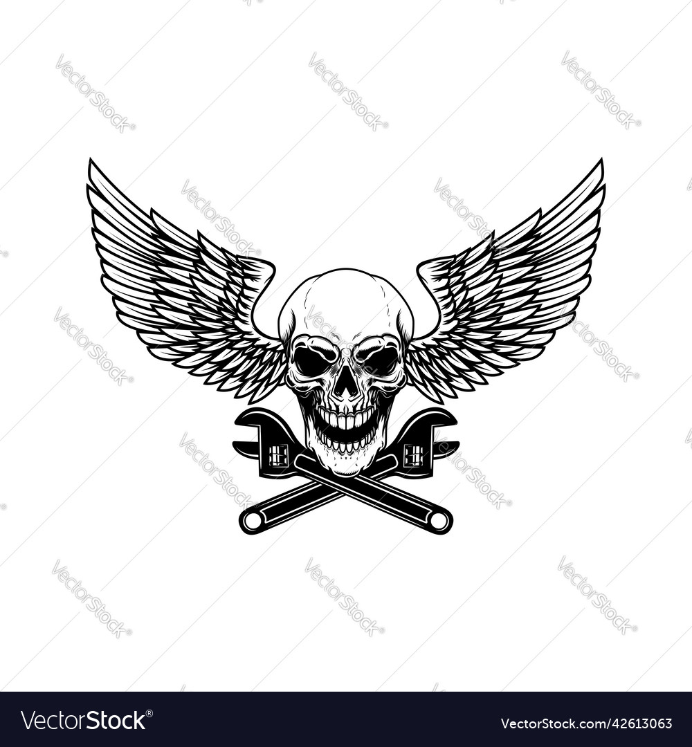 Winged skull with crossed wrenches design element Vector Image