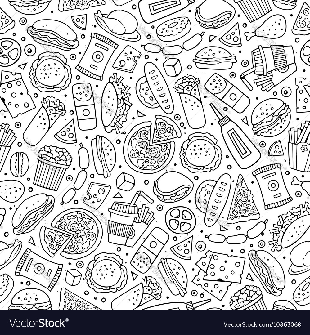 Cartoon cute hand drawn fast food seamless pattern