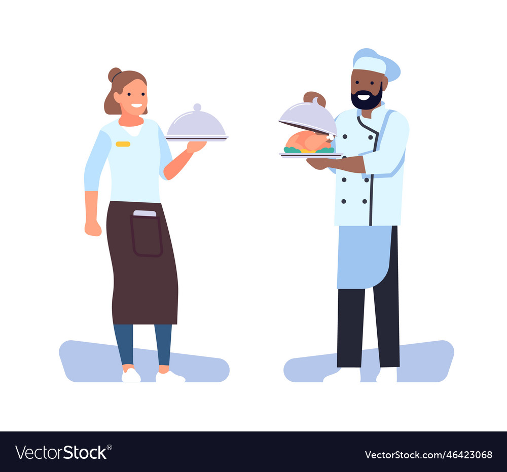 Happy restaurant chef and waitress girl holding