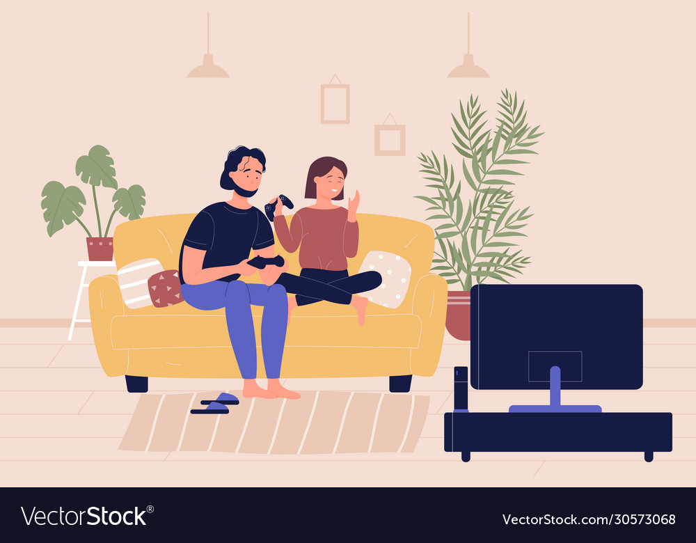 Young family couple sitting on sofa playing on tv Vector Image