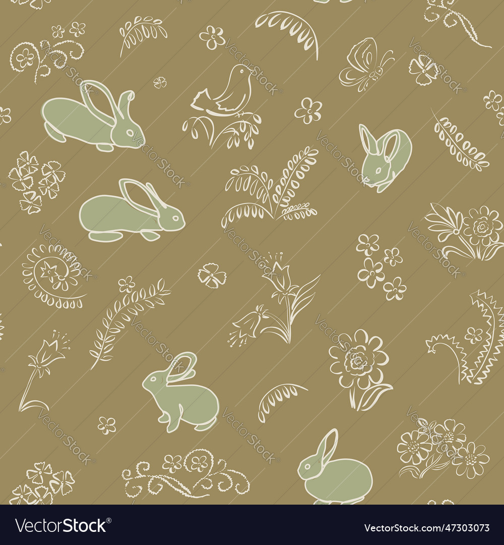 Brown seamless pattern with rabbits and flora