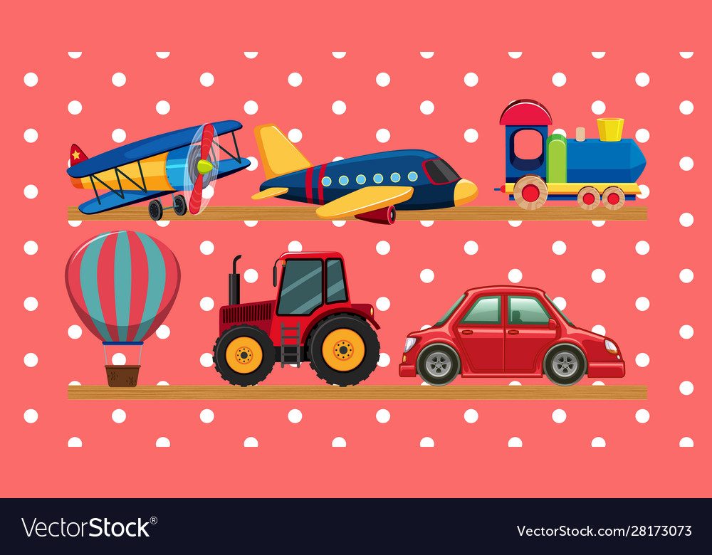 Many transportation toys on wooden shelves Vector Image