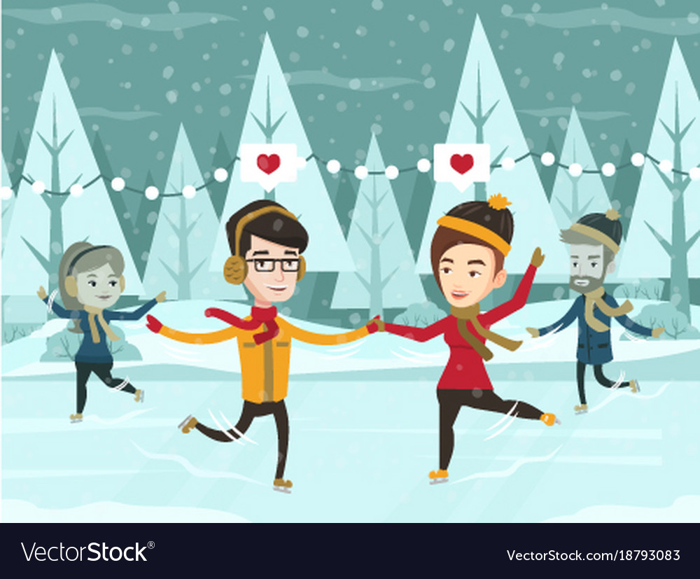 Caucasian white couple skating on ice rink outdoor