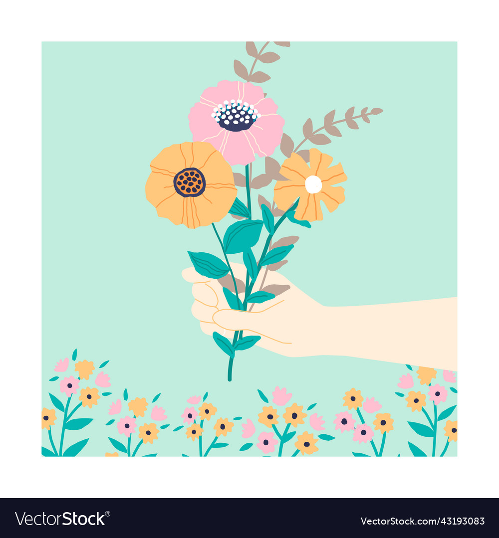 Floral card square poster with hand hold blooming vector image Floral card square poster with hand hold blooming