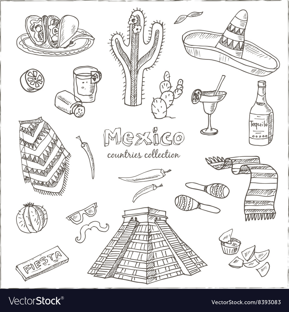 Hand drawn doodle mexico symbols set