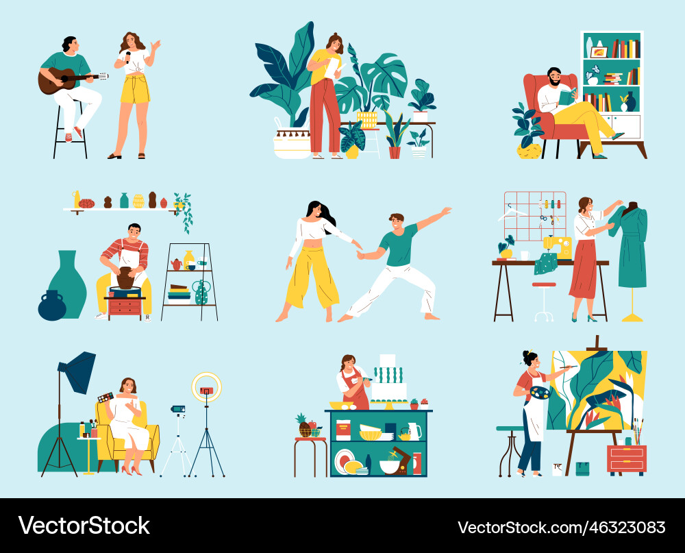 Hobby flat set Royalty Free Vector Image - VectorStock