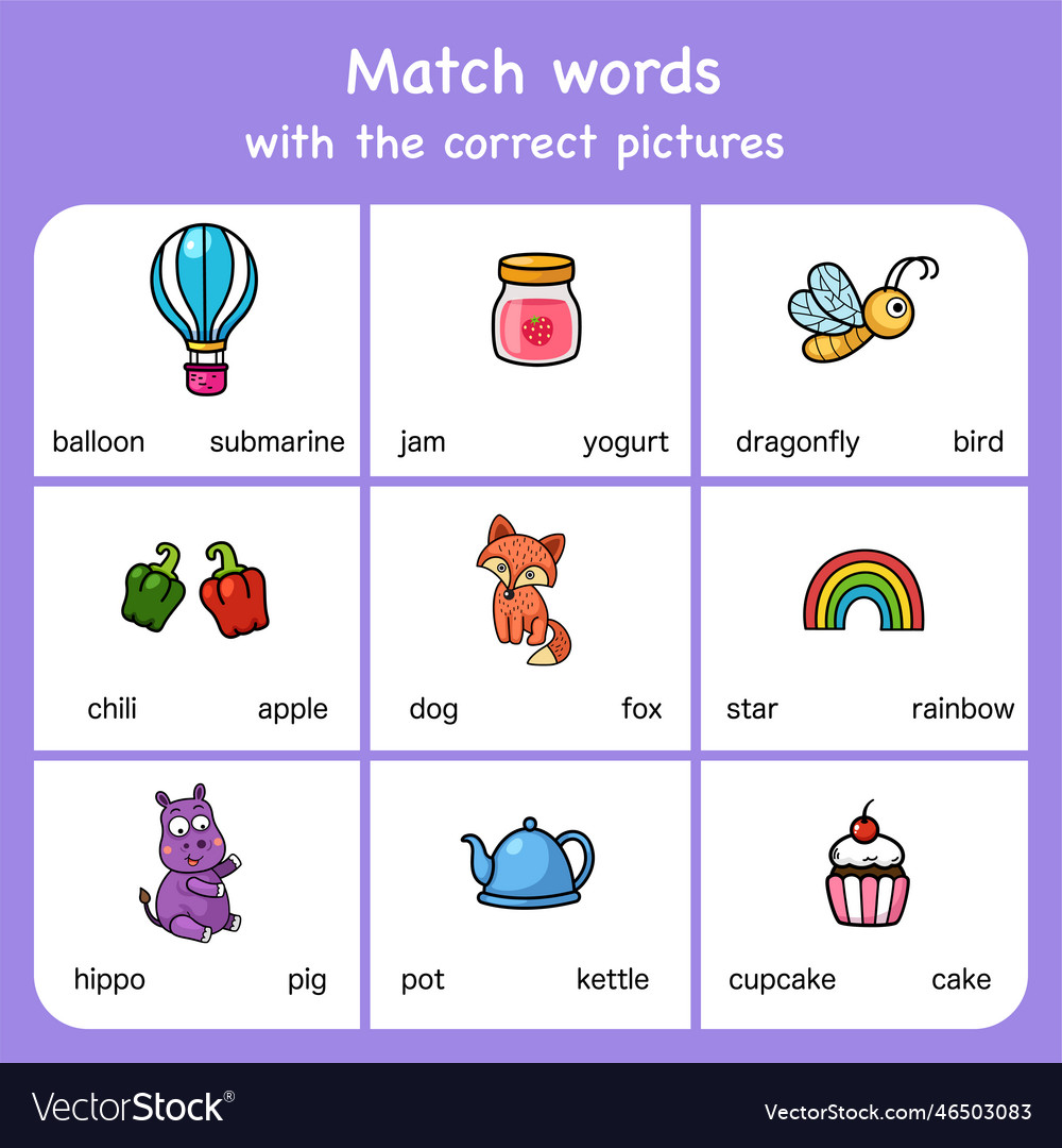 Match words with pictures educational worksheet