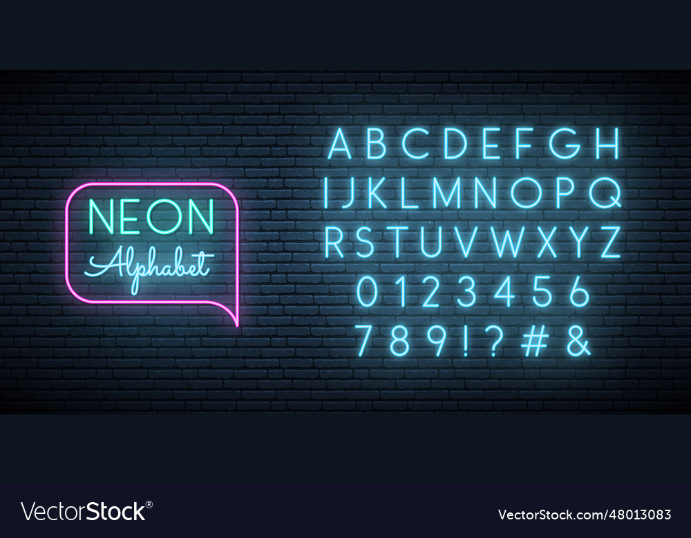 Neon blue font english alphabet and numbers sign Vector Image