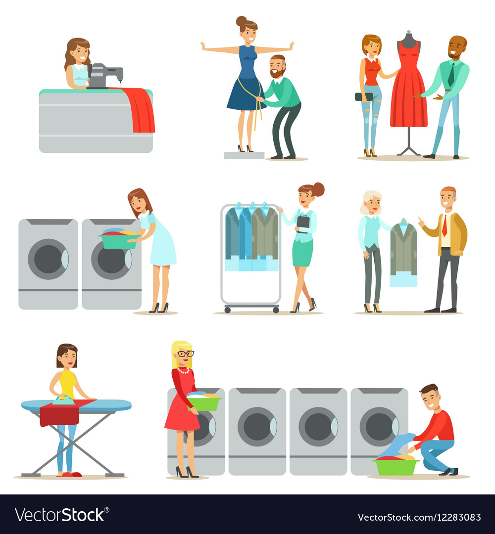 People At The Laundry Dry Cleaning And Tailoring Vector Image