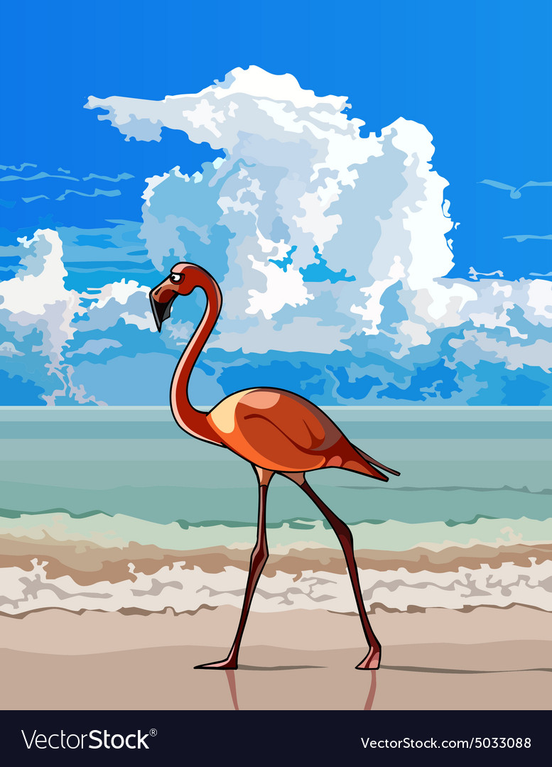 Cartoon bird flamingo walking on the beach Vector Image