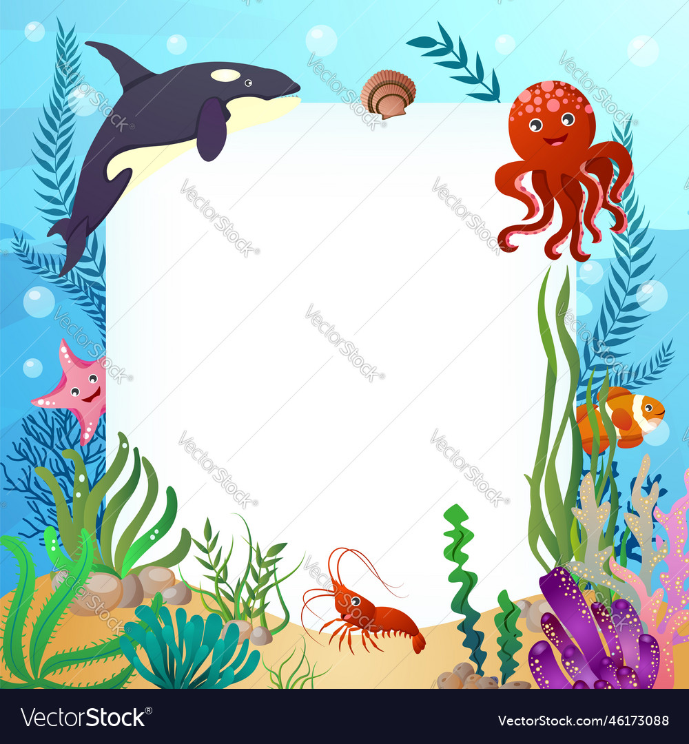 Sea life animals with ocean scene and rectangular Vector Image