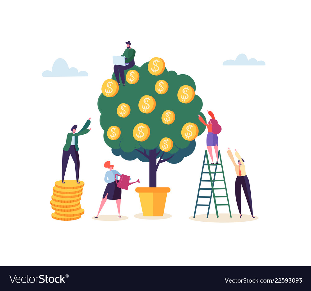 Business woman watering a money plant characters