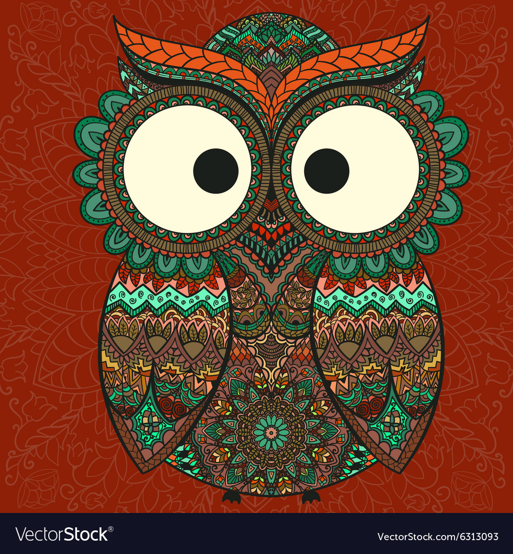 Ornamental owl on the patterned background Vector Image